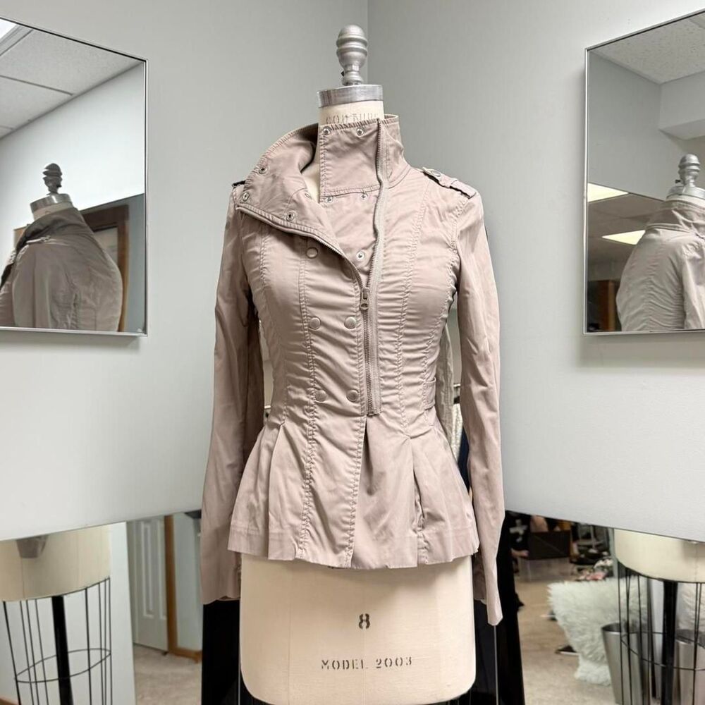 Beige Tan Ruched Asymmetrical Turtleneck Jacket
